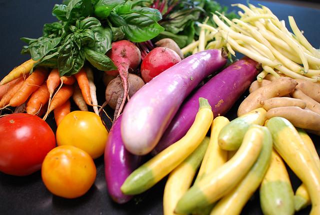 Fresh vegetables: eggplant, tomato, carrots, radishes, string beans, zucchini, potatoes