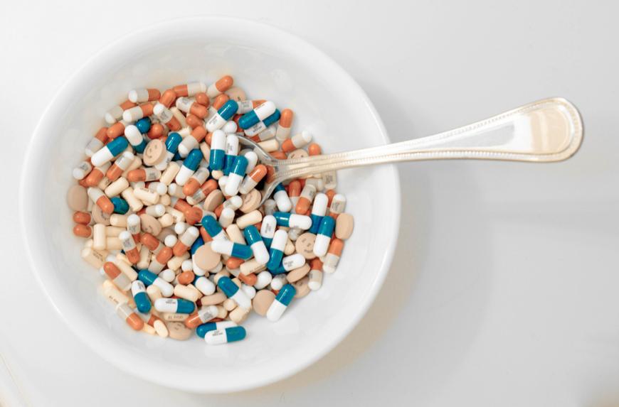 Cereal bowl of antidepressants. Pills. Pharmaceuticals. Drugs