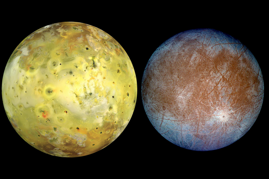 Io in natural color (left) and Europa in false color (right)
