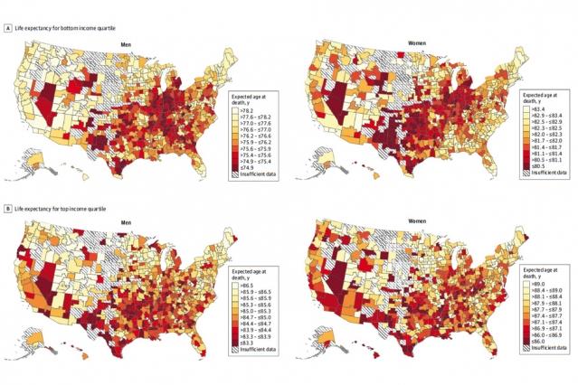 Life expectancies for the bottom income quartile by region in the United States