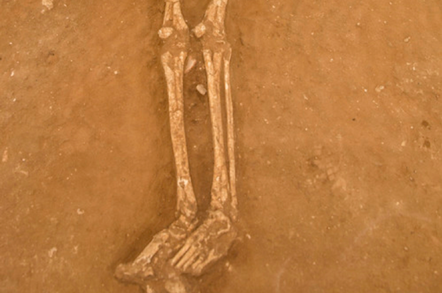 Philistine skeleton at the Philistine City of Ashkelon buried with a small vial