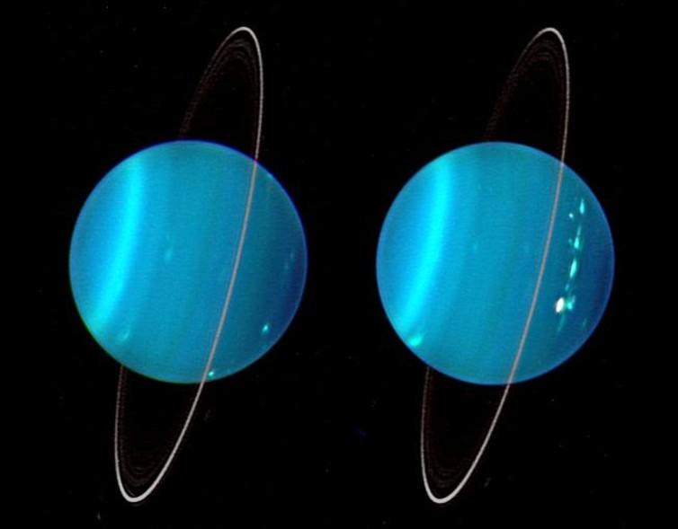 Two false-colour views of Uranus, the first using 3 wavelengths of near infrared light, the second in visible light.