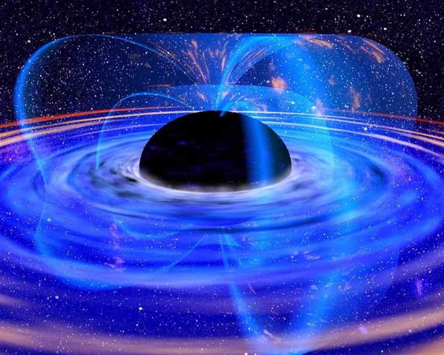 Artist&#039;s depiction of a black hole with an accretion disk around it and radiation spewing from the mass itself.