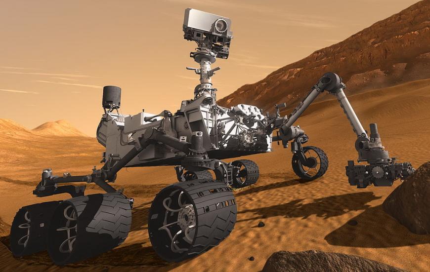 Artist&#039;s impression of the Curiosity rover exploring Mars for signs of life
