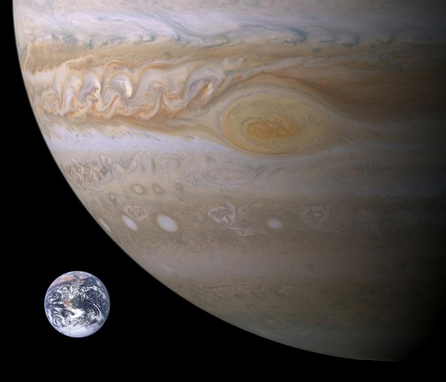 Size comparison of Earth and Jupiter showing the Great Red Spot
