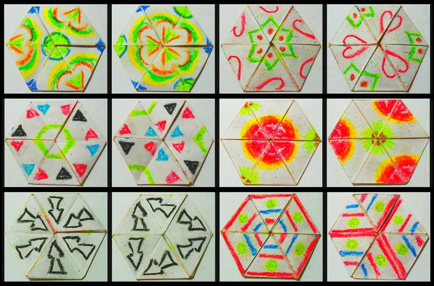 6 different faces of a hexaflexagon in 12 different orientations