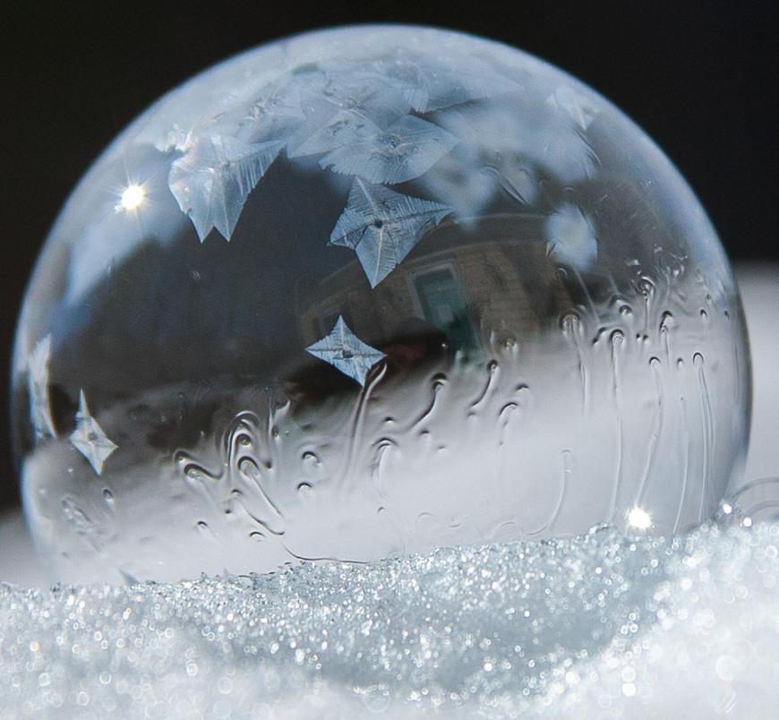 close up photograph of a soap bubble freezing