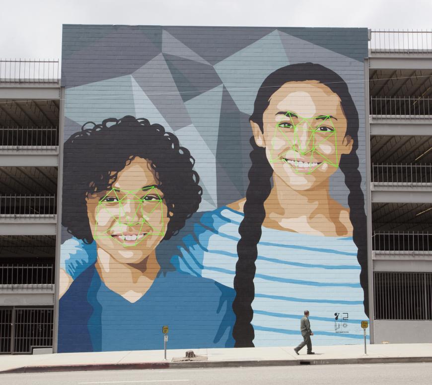 Mural in Hollywood California depicting facial recognition
