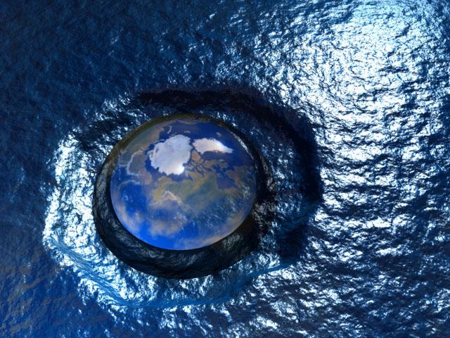 Earth depicted sinking into an ocean