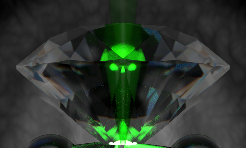 Artistic representation of a diamond crushing a glowing green hydrogen molecule