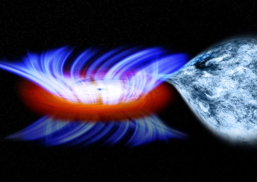 Artist&#039;s impression of a binary system containing a stellar-mass black hole pulling gas away from a companion star (right).