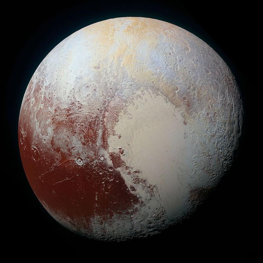 High-resolution MVIC image of Pluto in enhanced colour to bring out differences in surface composition.