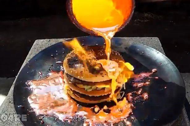 Molten copper being poured over a Big Mac