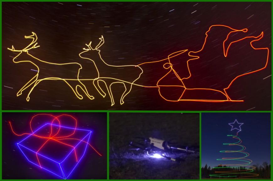 Colorful glowing outlines of Santa&#039;s sleigh, a gift-wrapped present, and a tree in the night sky