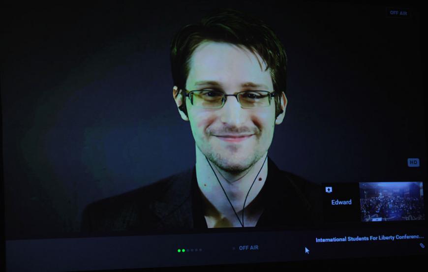 Edward Snowden speaking via webcam at the 2015 International Students for Liberty Conference
