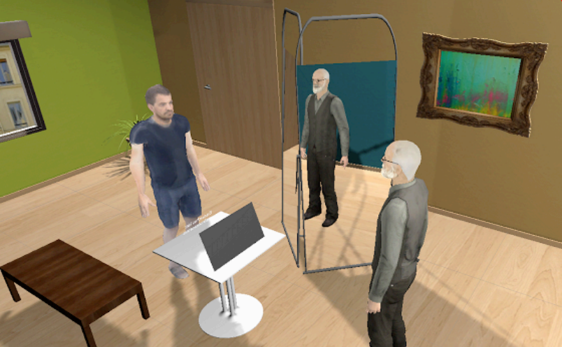 A virtual reality where study participants embody an avatar of Sigmund Freud (right).