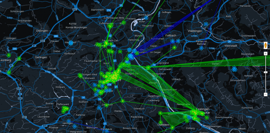 A map of Germany showing the location of virtual beacons in the game Ingress.
