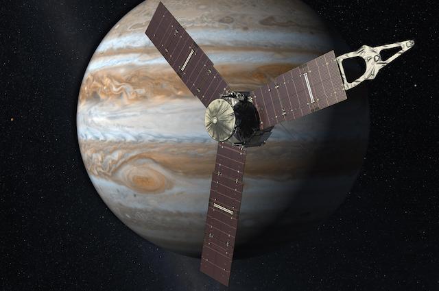 Artist&#039;s concept of Juno spacecraft orbiting Jupiter
