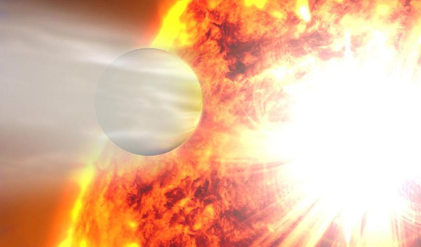 Artist&#039;s rendering of planet HD 20782 passing close to its star