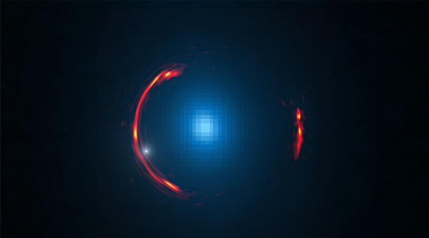 Composite image of the gravitational lens SDP.81 showing the distorted ALMA image of the more distant galaxy (red arcs) and the Hubble optical image of the nearby lensing galaxy (blue center object). 