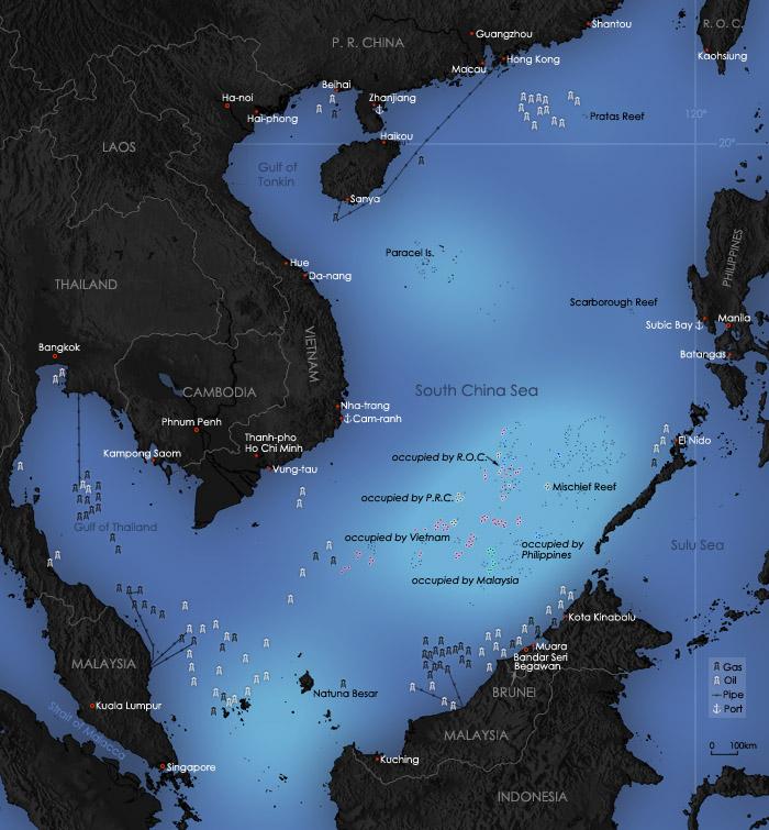 Map of the South China Sea and occupation of its central islands