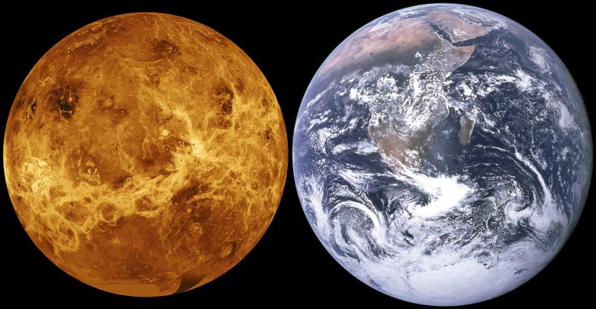Size comparison of Venus (left) and Earth (right).