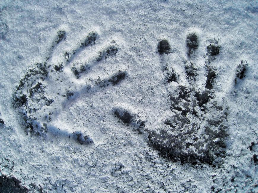 Two handprints on a frosty, snow-covered surface