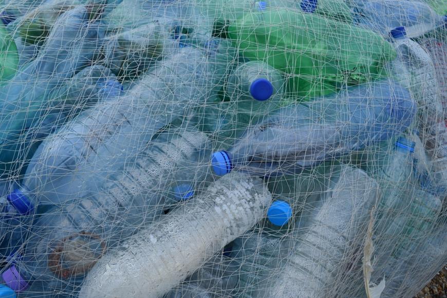 plastic bottles, fishing net