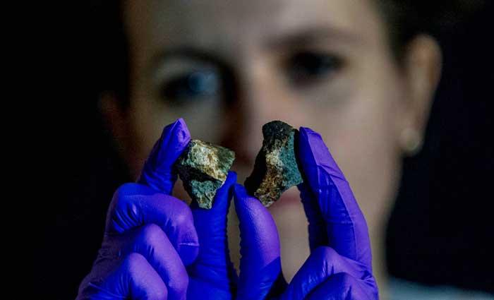 Two meteorites held in gloved hands