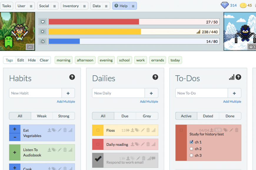 Habitica: screenshot of tasks menu