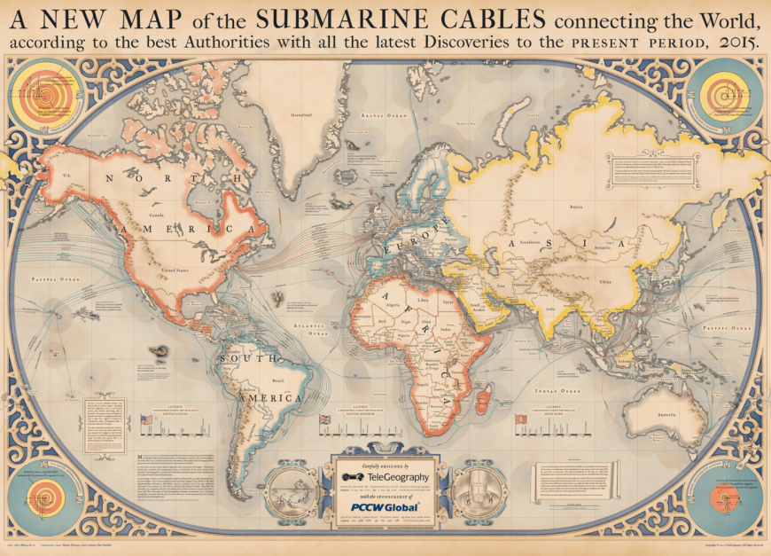 2015 map of 278 in-service and 21 planned undersea cables