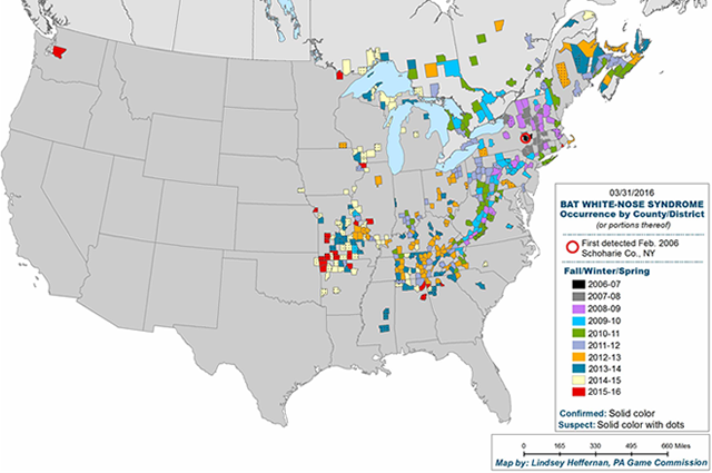 Map of the distribution of white-nose syndrome in Canada and the US