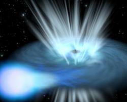 Artist&#039;s impression depicting a compact object -- either a black hole or a neutron star -- feeding on gas from a companion star in a binary system.
