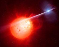 Artist&#039;s impression of white dwarf sending high energy rays towards a nearby red dwarf