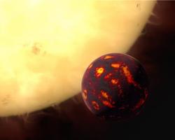 artist&#039;s impression shows the super-Earth 55 Cancri e in front of its parent star