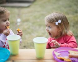 Two young children eating at a picnic table