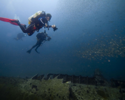 Scuba diving in a ship wreck