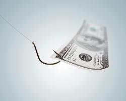 A 100 dollar bill on a fishing hook