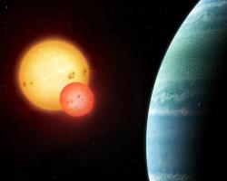 A planet rotates around two suns