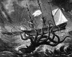 An old ink drawing illustrating a Kraken swallowing a ship during a storm