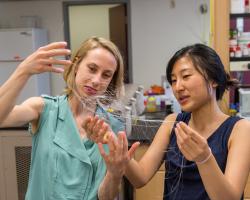 Two researchers hold up a fine mesh