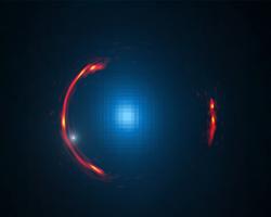 Composite image of the gravitational lens SDP.81 showing the distorted ALMA image of the more distant galaxy (red arcs) and the Hubble optical image of the nearby lensing galaxy (blue center object). 
