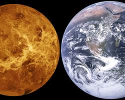 Size comparison of Venus (left) and Earth (right).