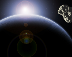 Depiction of an asteroid approaching the earth over a sunrise