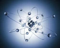 An artistic diagram of an atom. Blue.