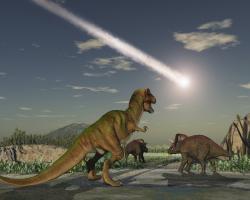 Artist&#039;s impression of a meteor hitting the earth and wiping out the dinosaurs