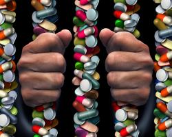 Addiction. Hands grasp prison bars made of pills