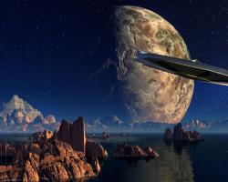 Extraterrestrial spaceship flying over an alien planet