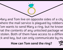 Mary and Tom live on opposite sides of a city. Tom wants to send Mary a ring, but any unlocked package will be stolen. Both of them have their own lock and key but can only communicate by mail.