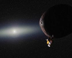 Artist&#039;s impression of New Horizons spacecraft passing Pluto